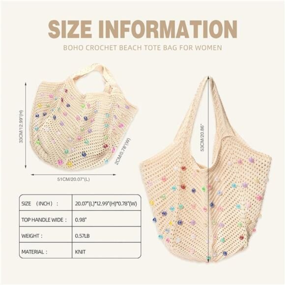 Boho Crochet Beach Tote Bag for Women, Beige - Picture 2 of 5